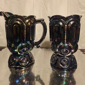 L.E. Smith Moon and Stars amethyst carnival glass creamer and spooner